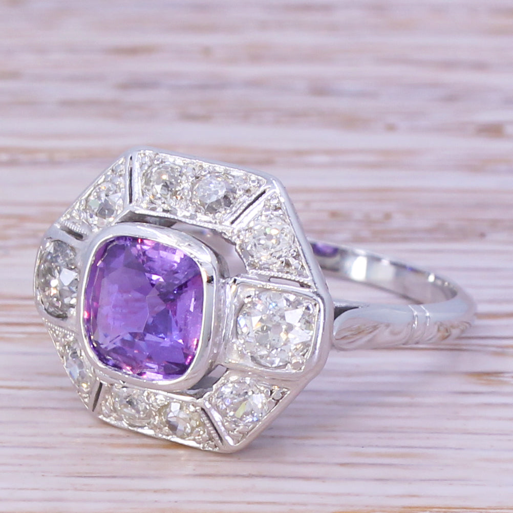 Art Deco 2.05 Carat Natural Purple Sapphire & Diamond Ring, circa 1935