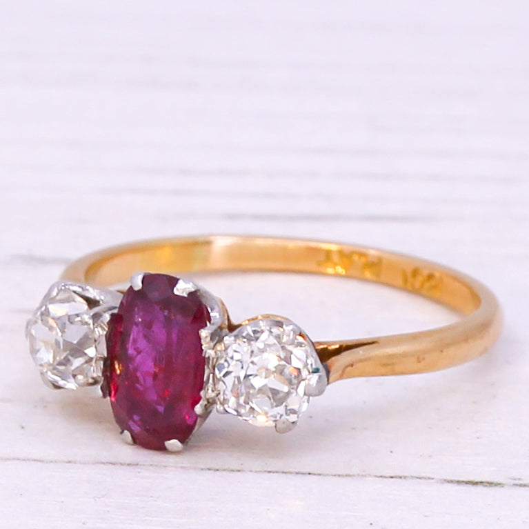 Art Deco 1.15 Carat Ruby & 0.90 Carat Diamond Three Stone Ring, circa 1935