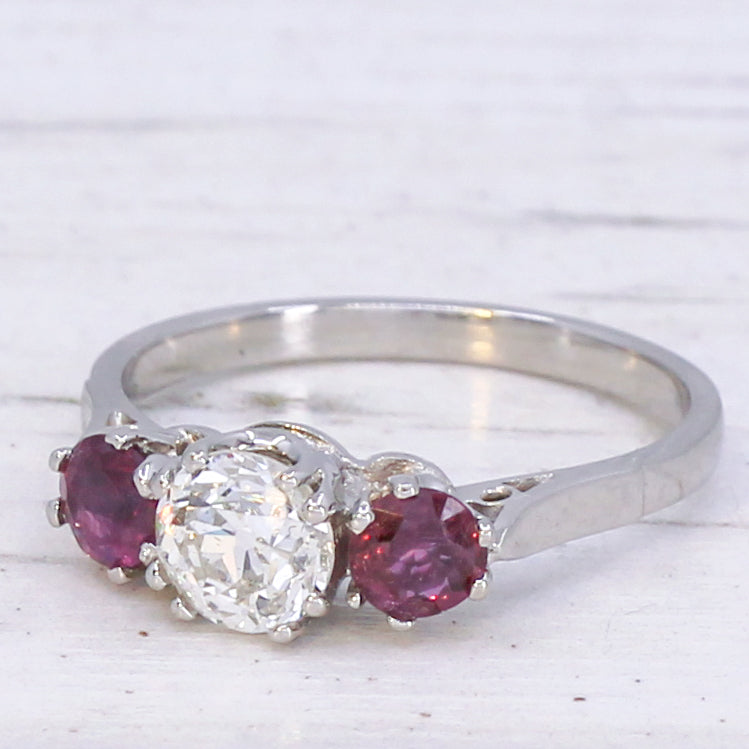 vintage ruby and diamond three stone ring