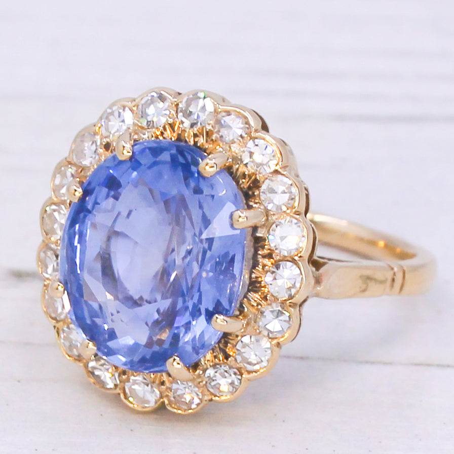 Art Deco 6.80 Carat Natural Ceylon Sapphire & Diamond Cluster Ring, Circa 1940