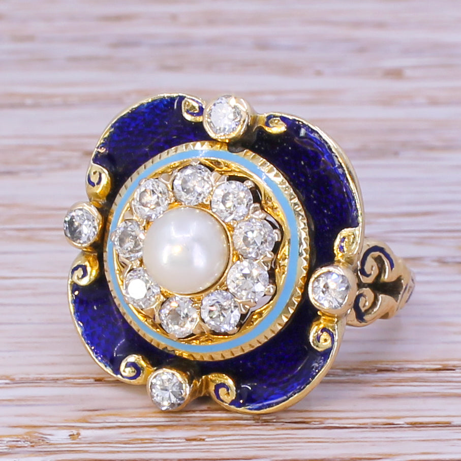 Victorian Pearl, Diamond & Enamel Ring, circa 1900