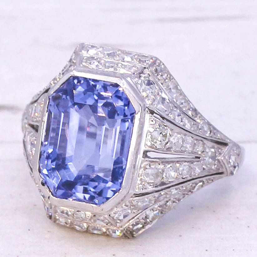 Art Deco 8.90 Carat Natural Ceylon Sapphire Ring, circa 1920