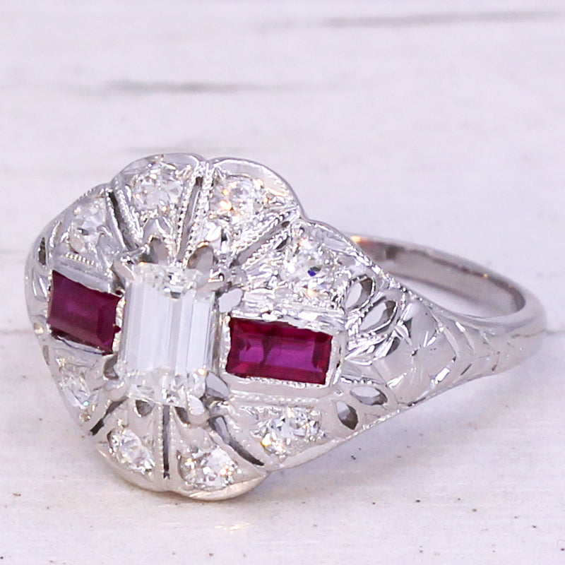 Retro Emerald Cut Diamond & Ruby Ring, circa 1950