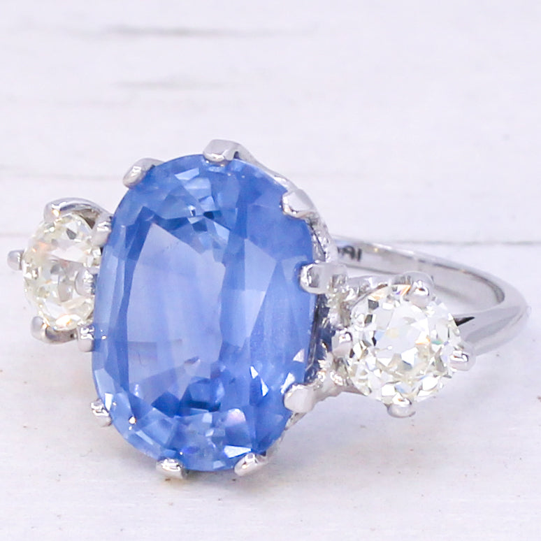 Art Deco 7.10 Carat Ceylon Sapphire & 1.08 Carat Old Cut Diamond Trilogy Ring, circa 1940