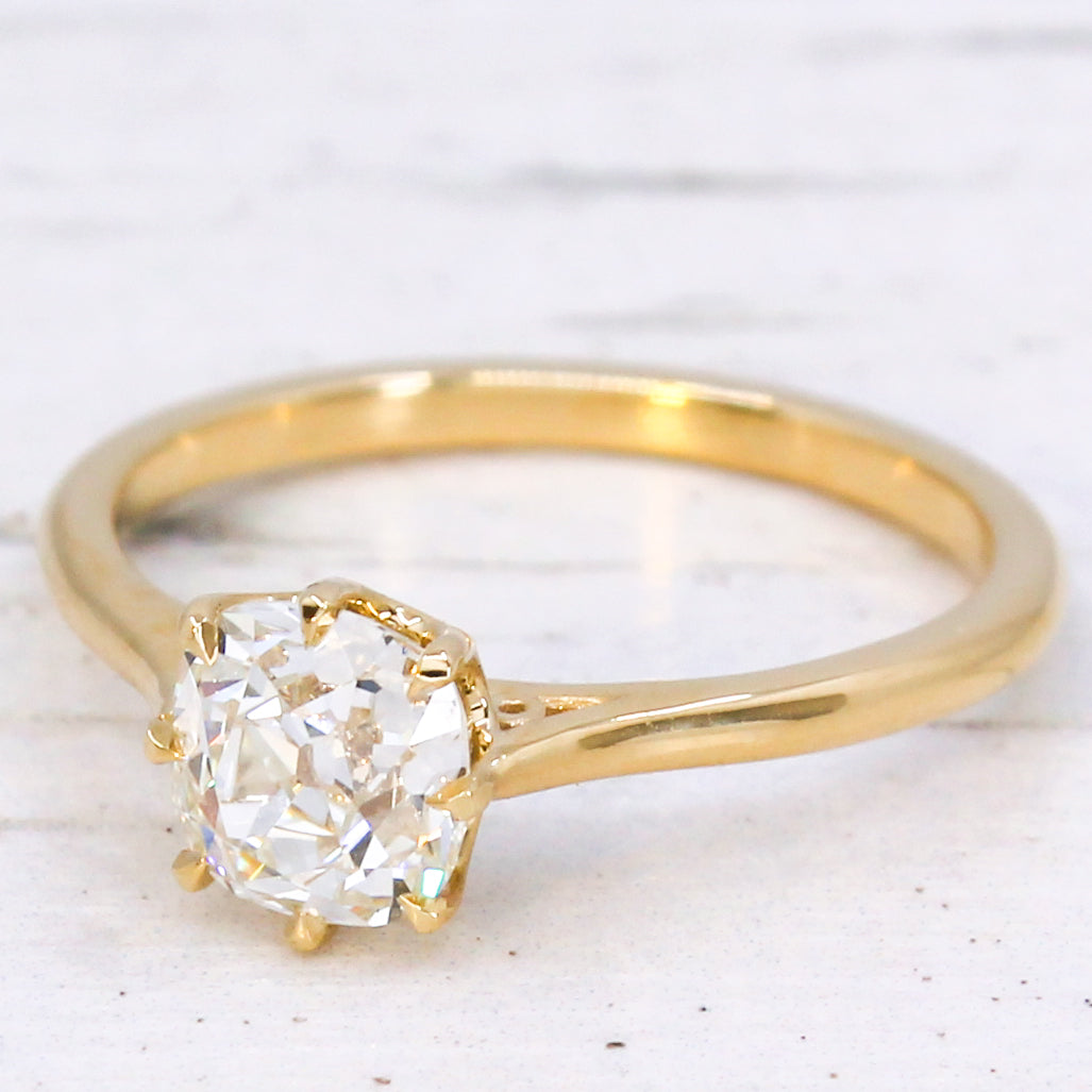 1.02 Carat Old Mine Cut Diamond Engagement Ring, 18k Yellow Gold