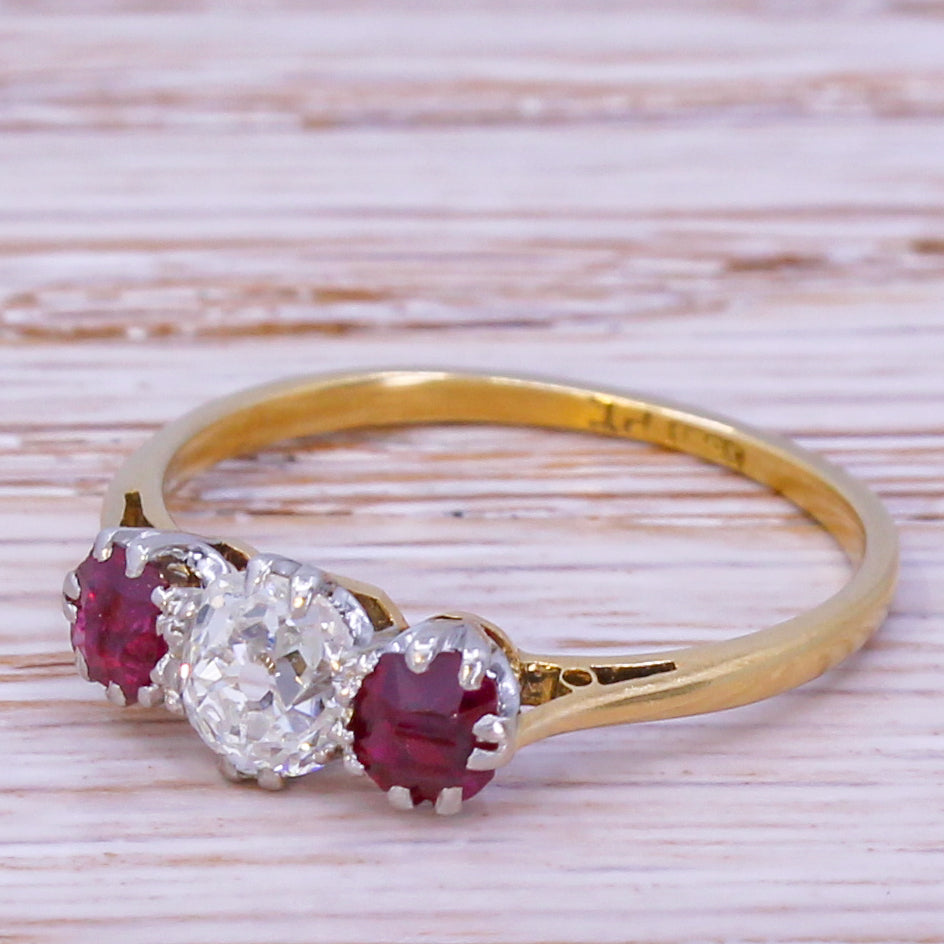 Art Deco 0.64 Carat Old Cut Diamond & 0.58 Carat Ruby Trilogy Ring, circa 1920