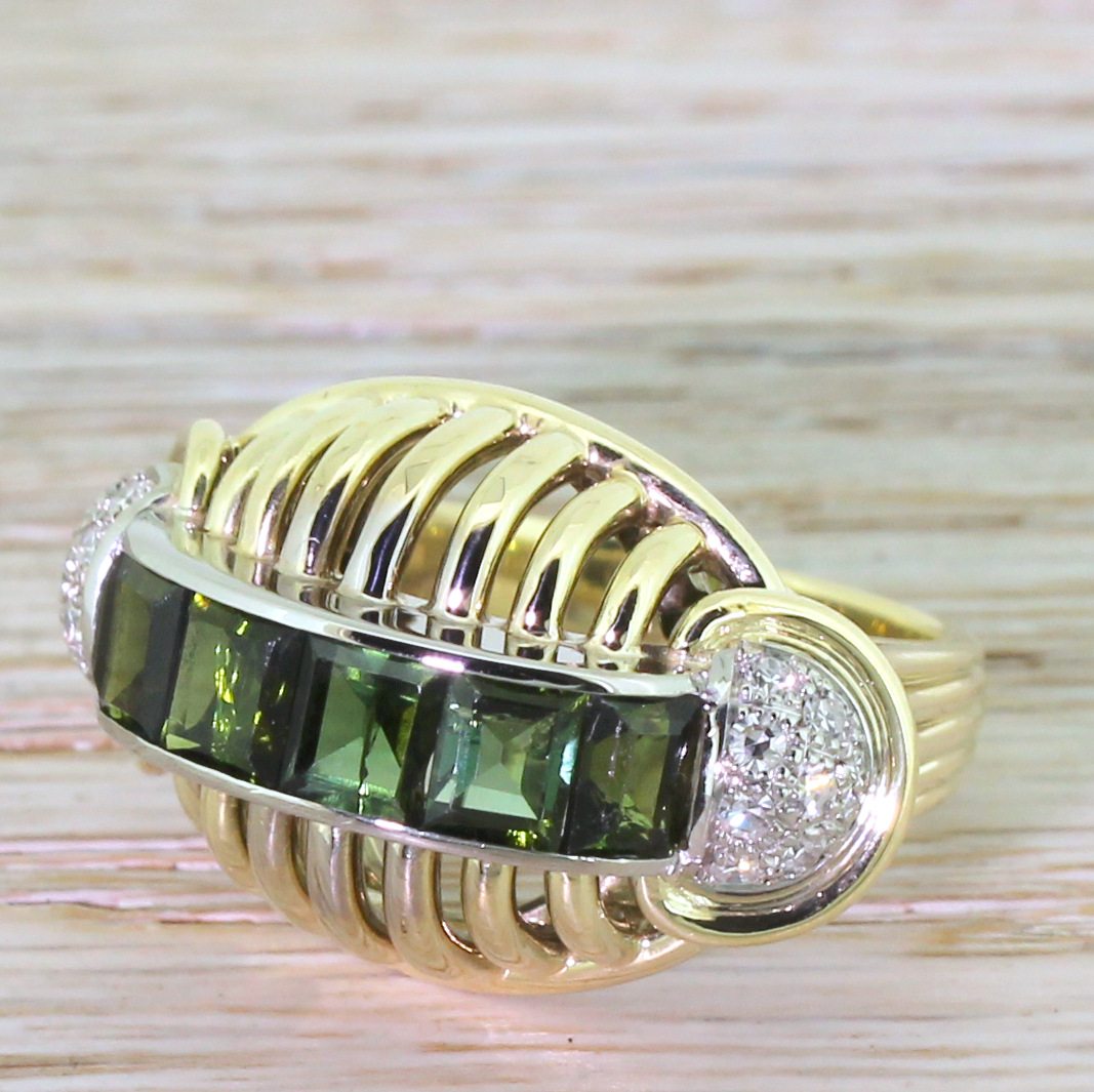 Retro Green Tourmaline & Diamond Cocktail Ring, circa 1945