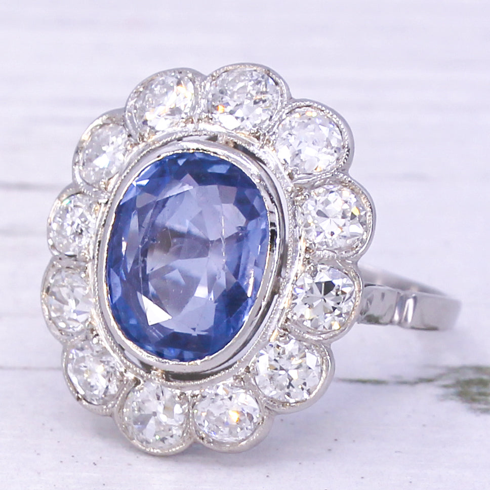 Art Deco 2.60 Carat Ceylon Sapphire & Diamond Cluster Ring, circa 1925