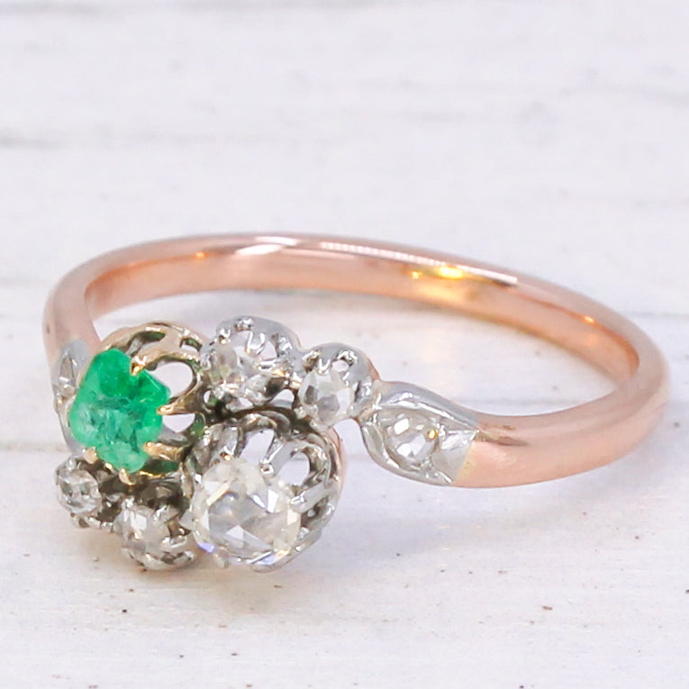 Antique Emerald & Rose Cut Diamond Crossover Ring, circa 1910
