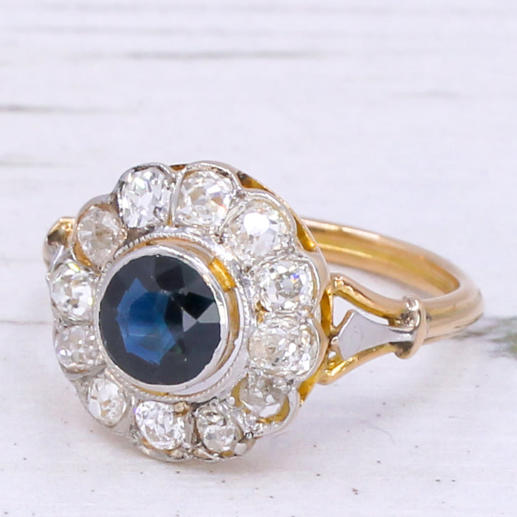 Edwardian 1.00 Carat Sapphire & 1.20 Carat Old Cut Diamond Cluster Ring, circa 1910