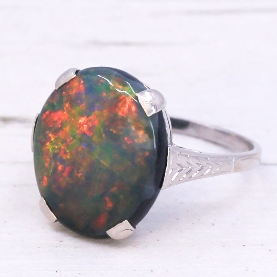 Art Deco 4.24 Carat Black Opal Solitaire Ring, circa 1935