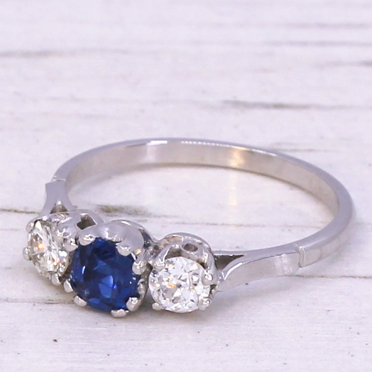 Art Deco 0.54 Carat Natural Sapphire & Old Cut Diamond Trilogy Ring, circa 1930