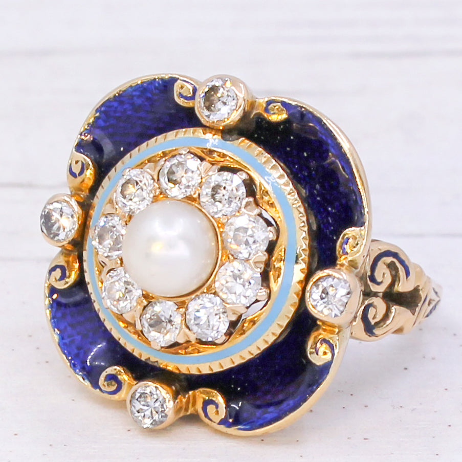 Victorian Pearl, Diamond & Enamel Ring, circa 1900