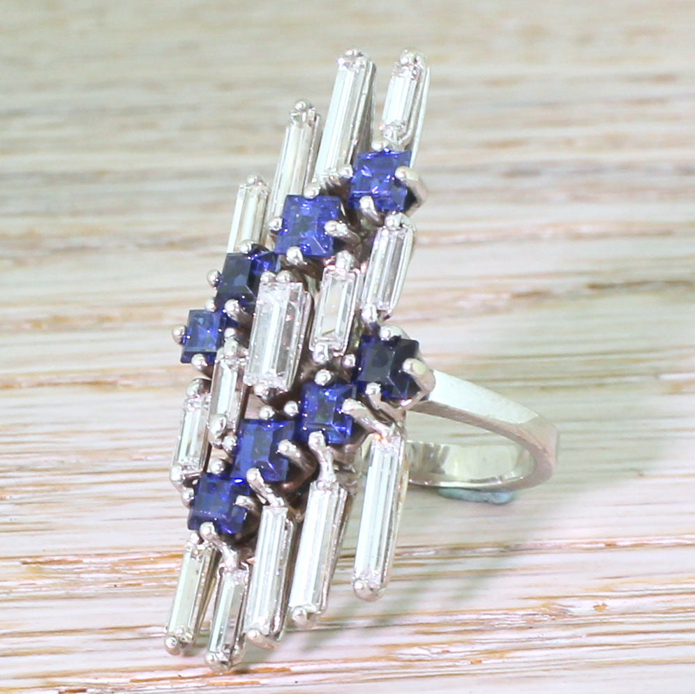 Mid Century Baguette Cut Diamond & Sapphire Cocktail Ring, circa 1965