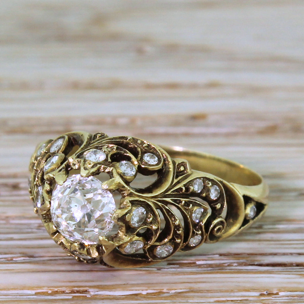 Mid Century 0.79 Carat Old Cut Diamond Ornate Solitaire Ring, circa 1965