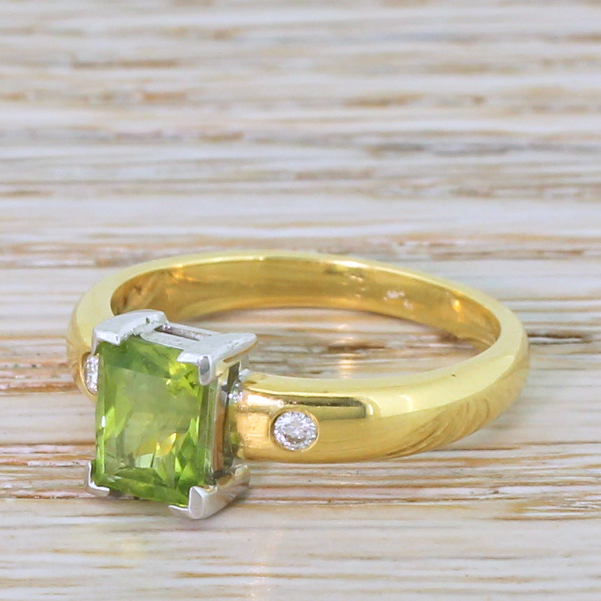 1.45 Carat Rectangular Mixed Cut Peridot Solitaire Ring, 18k Gold