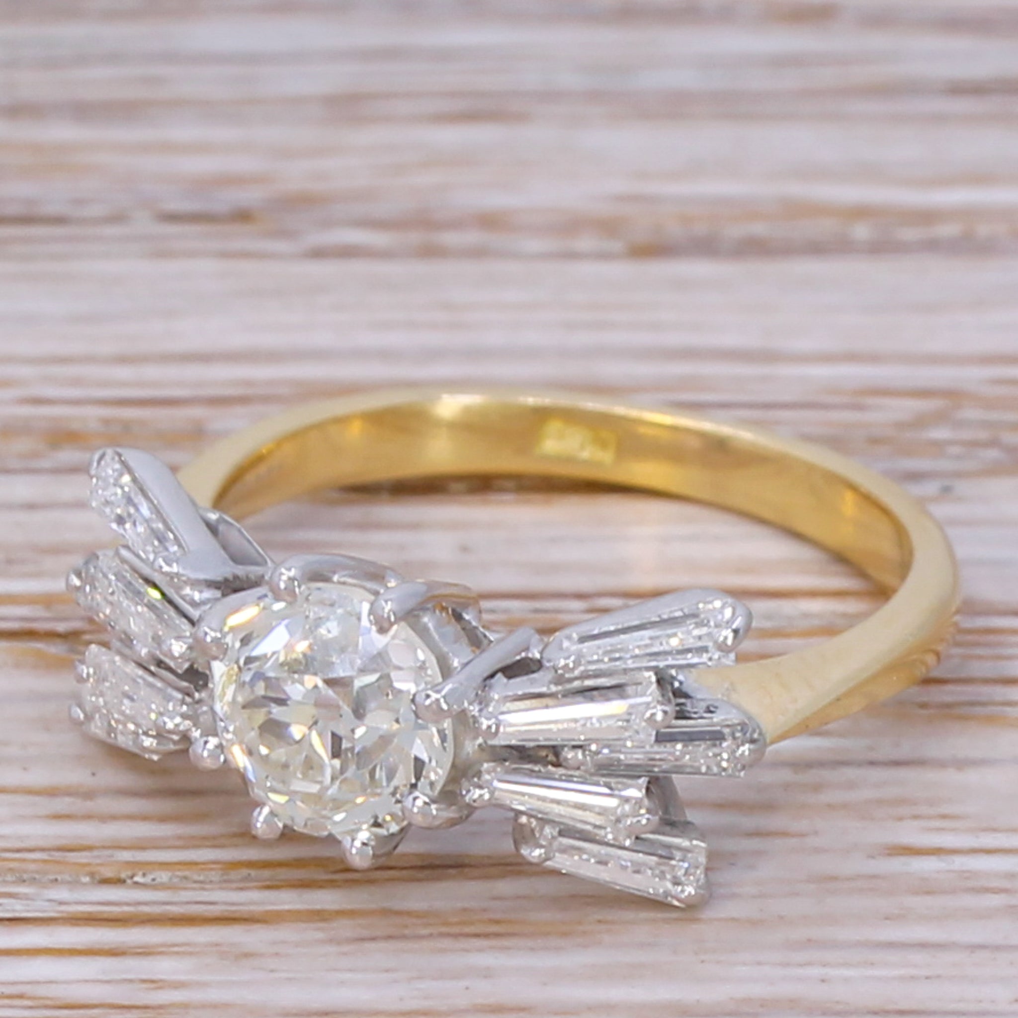 Mid Century 2.00 Carat Old Cut & Tapered Baguette Cut Diamond Ring, circa 1960