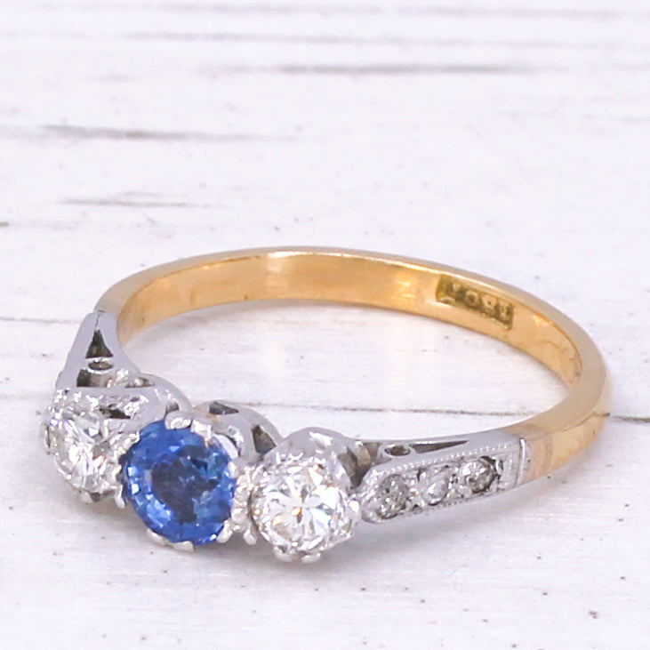 Mid Century 0.35 Carat Sapphire & 0.30 Carat Diamond Trilogy Ring, circa 1960