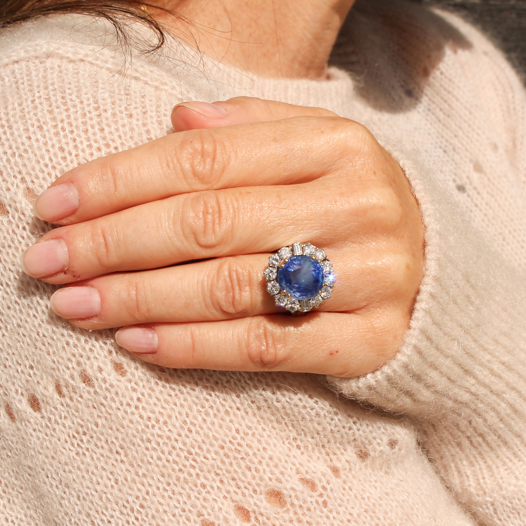 Mid Century Carat Natural Ceylon Sapphire Diamond Cluster